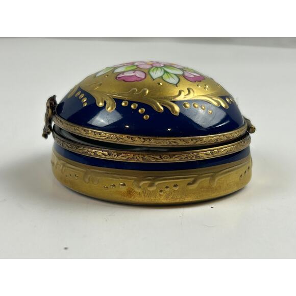 Rochard Limoges France Round Trinket Box Hand Painted Floral Cobalt Gold - Picture 4 of 10